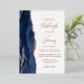 Navy Blue Roos Gold Agate Modern Wedding Folie Uitnodiging (Staand Voorkant)