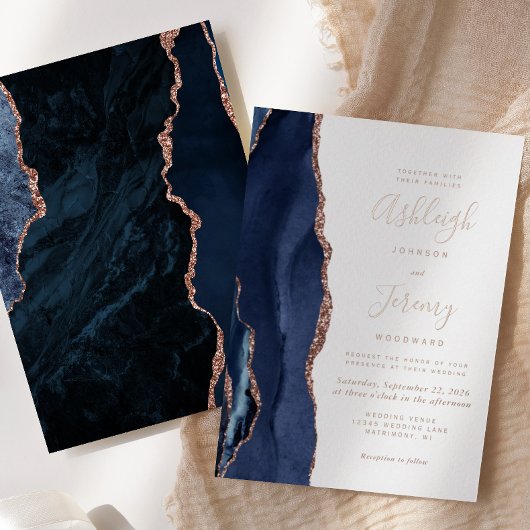 Navy Blue Roos Gold Agate Modern Wedding Folie Uitnodiging