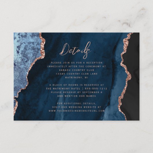 Navy Blue Roos Gold Agate Script Wedding Details Informatiekaartje (Voorkant)