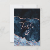 Navy Blue Roos Gold Agate Table Number Kaart (Voorkant)
