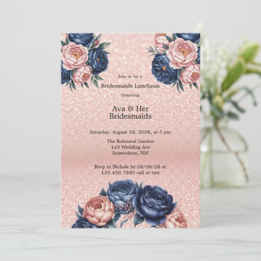 Navy Blue & Roos Gold Bloemen Bruidsmeisjes Lunche Kaart (Staand voorkant)