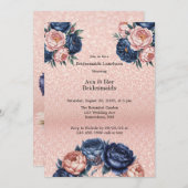 Navy Blue & Roos Gold Bloemen Bruidsmeisjes Lunche Kaart (Voorkant / Achterkant)