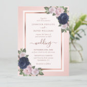 Navy Blue Roos Gold Blush Bloemen Huwelijk Kaart (Staand voorkant)