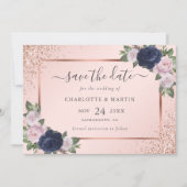 Navy Blue Roos Gold Blush Bloemen Huwelijk Save The Date (Voorkant)