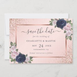 Navy Blue Roos Gold Blush Bloemen Huwelijk Save The Date