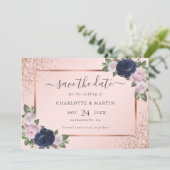 Navy Blue Roos Gold Blush Bloemen Huwelijk Save The Date (Staand voorkant)