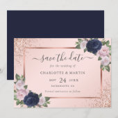 Navy Blue Roos Gold Blush Bloemen Huwelijk Save The Date (Voorkant / Achterkant)