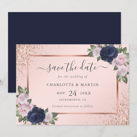 Navy Blue Roos Gold Blush Bloemen Huwelijk Save The Date (Voorkant / Achterkant)