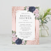 Navy Blue Roos Gold Blush Floral Vrijgezellenfeest Kaart (Staand voorkant)