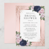 Navy Blue Roos Gold Blush Floral Vrijgezellenfeest Kaart (Voorkant / Achterkant)