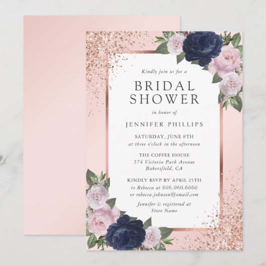 Navy Blue Roos Gold Blush Floral Vrijgezellenfeest Kaart (Voorkant / Achterkant)