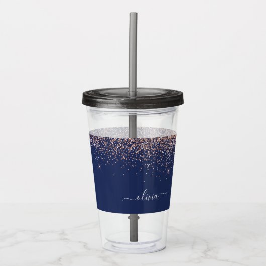 Navy Blue Roos Gold Blush Pink Glitter Monogram Acryl Drinkbeker (Voorkant)