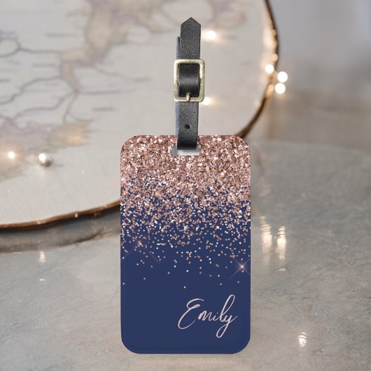 Navy Blue Roos Gold Blush Pink Glitter Monogram Bagagelabel