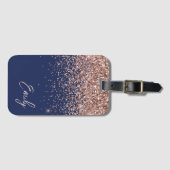 Navy Blue Roos Gold Blush Pink Glitter Monogram Bagagelabel (Voorkant (horizontaal))