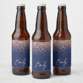 Navy Blue Roos Gold Blush Pink Glitter Monogram Bier Etiket (Flessen)