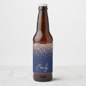 Navy Blue Roos Gold Blush Pink Glitter Monogram Bier Etiket (Voorkant)