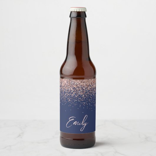 Navy Blue Roos Gold Blush Pink Glitter Monogram Bier Etiket (Voorkant)