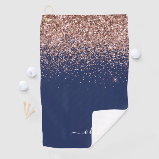 Navy Blue Roos Gold Blush Pink Glitter Monogram Golfhanddoek