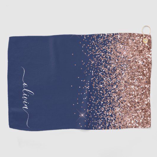 Navy Blue Roos Gold Blush Pink Glitter Monogram Golfhanddoek (Horizontaal)