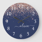 Navy Blue Roos Gold Blush Pink Glitter Monogram Grote Klok (Voorkant)