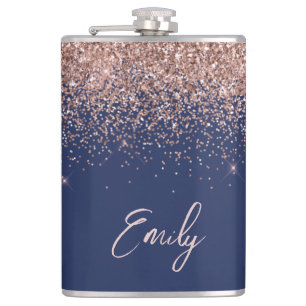 Navy Blue Roos Gold Blush Pink Glitter Monogram Heupfles
