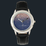 Navy Blue Roos Gold Blush Pink Glitter Monogram Horloge<br><div class="desc">Navy Blue en Roos Gold - Blush Pink Glitter Script Monogram Name Watch. Dit maakt de perfecte liefhebbende 16 verjaardag,  bruiloft,  vrijgezellenfeest,  verjaardagsdag,  baby shower of vrijgezellenfeest voor iemand die van luxe glam en stijl houdt.</div>