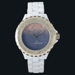 Navy Blue Roos Gold Blush Pink Glitter Monogram Horloge<br><div class="desc">Navy Blue en Roos Gold - Blush Pink Glitter Script Monogram Name Watch. Dit maakt het perfecte afstuderen,  de verjaardag,  de bruiloft,  het vrijgezellenfeest,  de verjaardag,  het baby shower of het bachelorette feest cadeau voor iemand die van glam luxe en chic stijlen houdt.</div>