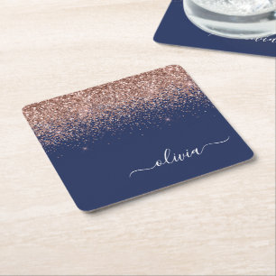 Navy Blue Roos Gold Blush Pink Glitter Monogram Kartonnen Onderzetters