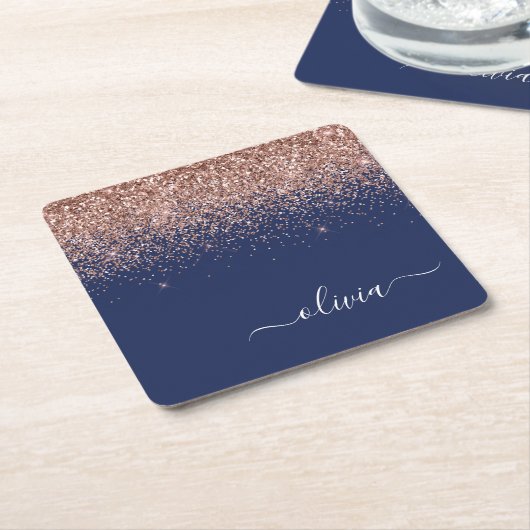 Navy Blue Roos Gold Blush Pink Glitter Monogram Kartonnen Onderzetters (Schuin)