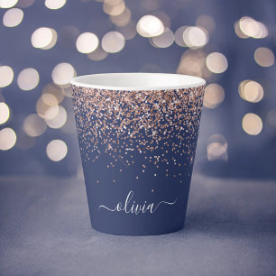 Navy Blue Roos Gold Blush Pink Glitter Monogram Latte Mok