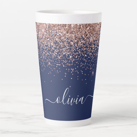 Navy Blue Roos Gold Blush Pink Glitter Monogram Latte Mok (Voorkant)