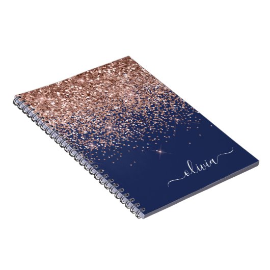 Navy Blue Roos Gold Blush Pink Glitter Monogram Notitieboek (Rechterzijde)