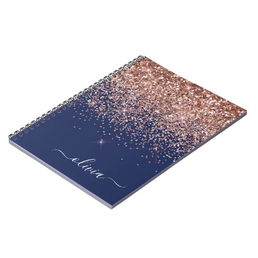 Navy Blue Roos Gold Blush Pink Glitter Monogram Notitieboek (Linkerzijde)