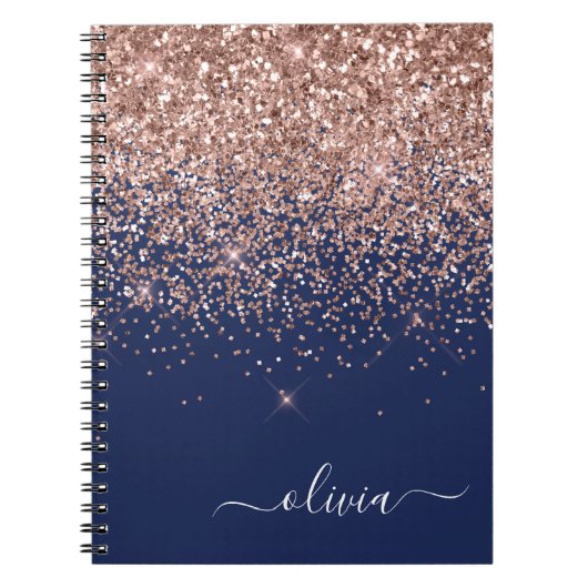 Navy Blue Roos Gold Blush Pink Glitter Monogram Notitieboek (Voorkant)