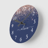 Navy Blue Roos Gold Blush Pink Glitter Monogram Ronde Klok (Hoek)