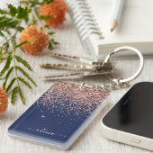 Navy Blue Roos Gold Blush Pink Glitter Monogram Sleutelhanger (Voorkant Rechts)