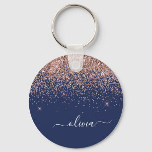 Navy Blue Roos Gold Blush Pink Glitter Monogram Sleutelhanger