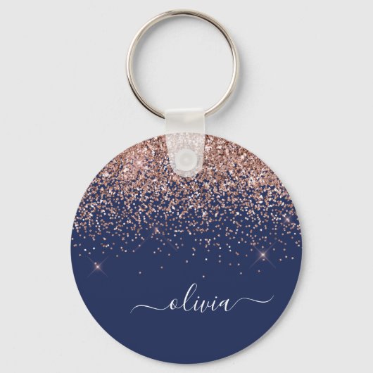 Navy Blue Roos Gold Blush Pink Glitter Monogram Sleutelhanger (Voorkant)