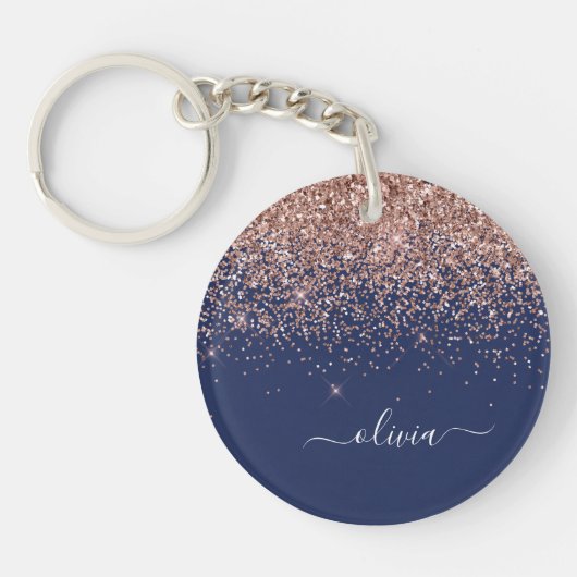 Navy Blue Roos Gold Blush Pink Glitter Monogram Sleutelhanger (Voorkant)