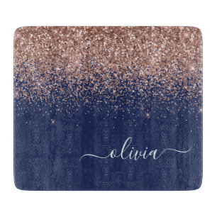 Navy Blue Roos Gold Blush Pink Glitter Monogram Snijplank