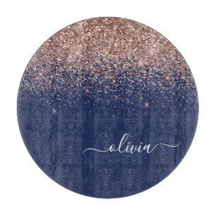 Navy Blue Roos Gold Blush Pink Glitter Monogram Snijplank