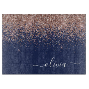 Navy Blue Roos Gold Blush Pink Glitter Monogram Snijplank