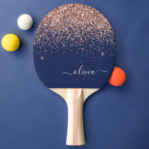 Navy Blue Roos Gold Blush Pink Glitter Monogram Tafeltennisbatje
