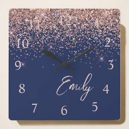 Navy Blue Roos Gold Blush Pink Glitter Monogram Vierkante Klok