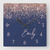 Navy Blue Roos Gold Blush Pink Glitter Monogram Vierkante Klok (Voorkant)