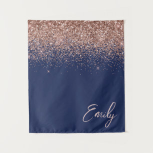 Navy Blue Roos Gold Blush Pink Glitter Monogram Wandkleed