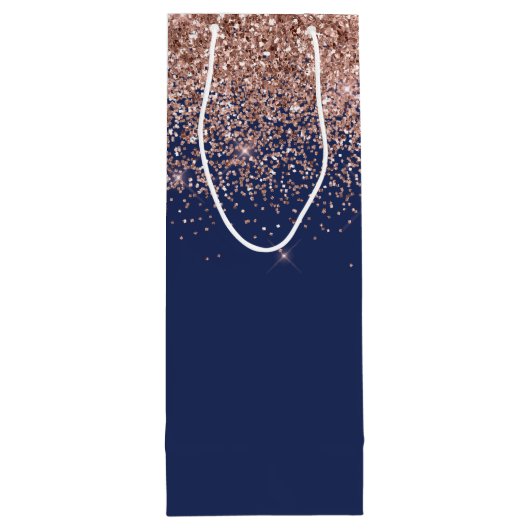 Navy Blue Roos Gold Blush Pink Glitter Monogram Wijn Cadeautas (Achterkant)