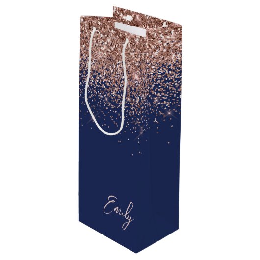 Navy Blue Roos Gold Blush Pink Glitter Monogram Wijn Cadeautas (Voorkant Gekanteld)