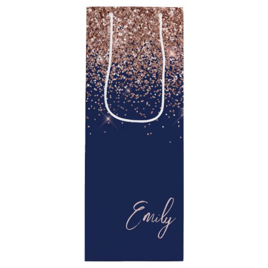 Navy Blue Roos Gold Blush Pink Glitter Monogram Wijn Cadeautas (Voorkant)