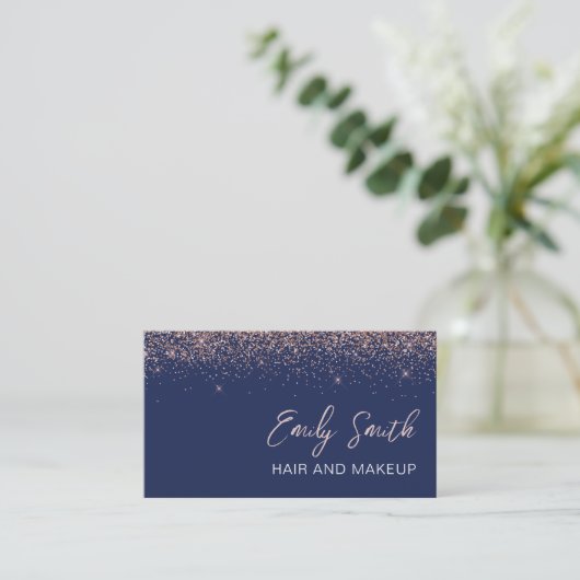 Navy Blue Roos Gold Blush Pink Glitter Visitekaartje (Staand voorkant)